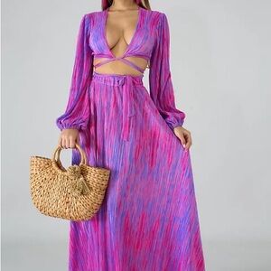Matching Set! Cotton Candy Hot Pink Purple Long Sleeve Wrap Top Maxi Skirt Vacay